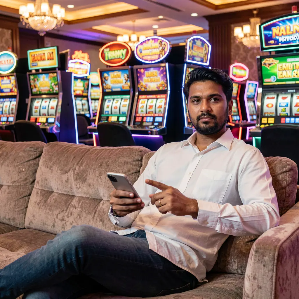 Stylish Nepali man focused on his phone while sitting in a lively casino environment showcasing the immersive JOY1111 app experience