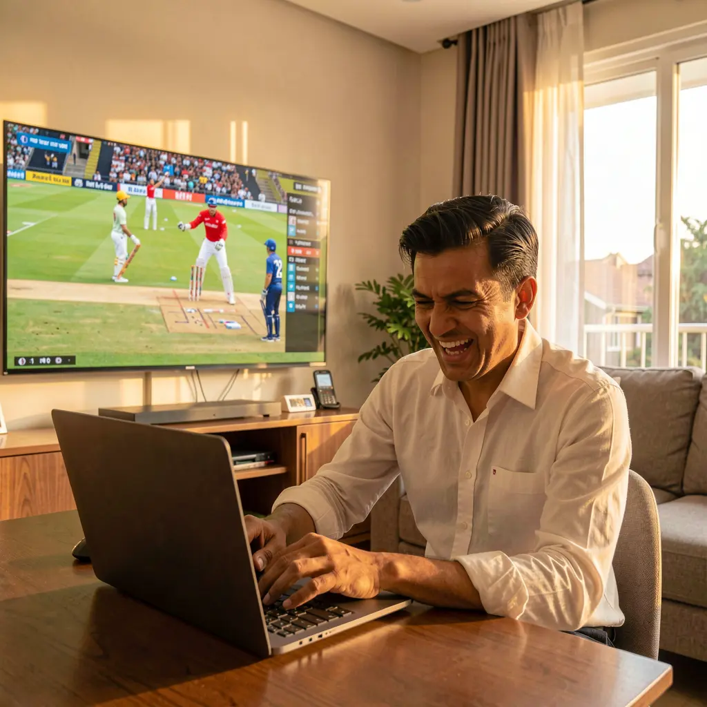 Excited Nepali sports fan celebrating a winning bet on a laptop while watching a live cricket match on TV using the JOY1111 betting platform