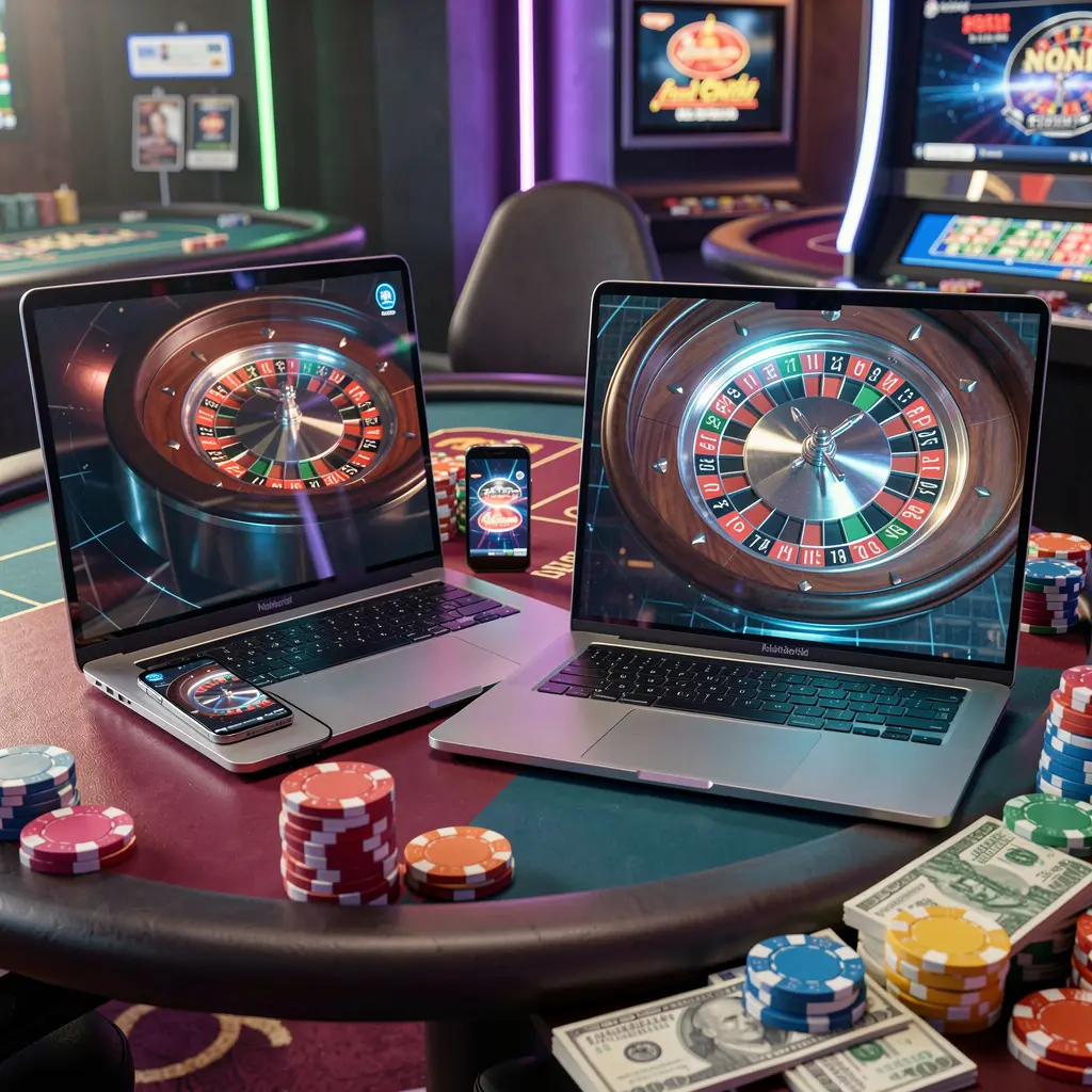 Glowing roulette wheel displayed on a smartphone and laptop surrounded by casino chips representing the immersive online gaming environment of JOY1111 in Nepal