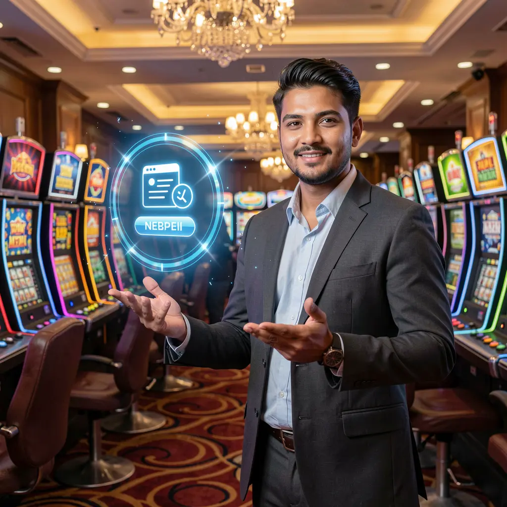 Modern casino host from Nepal presenting a glowing digital login icon in a futuristic online gaming scene at JOY1111